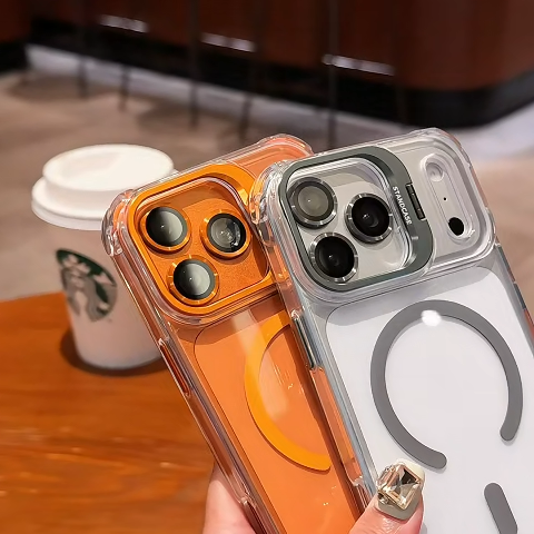 New Luxury Magnetic Transparent Lanyard Shockproof Case for iPhone 17 16 15 14 13 Pro Max with Metal Stand Glass Lens Protector for iPhone 17