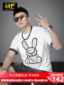 Trendy Rabbit Print Short Sleeve Mens T-shirt Loose Fit round Neck Casual Top for Youth Spring Summer Fashionable Cotton Blend