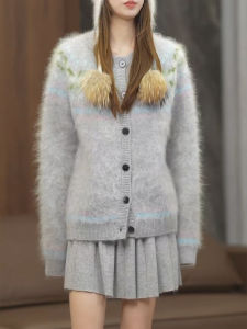 QINGNAER | Fuzzy Gray Atmospheric Knit Cardigan