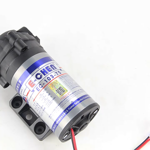 FLT reverse osmosis booster pump for water purification system with three filters and blue CTO filter.
