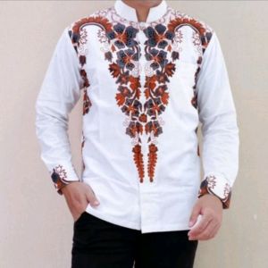 Baju muslim pria dewasa baju koko pria setelan celana sarung batik wisanggeni solo full furing motif adven sogan putih