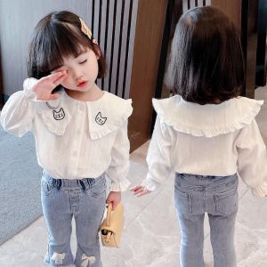 Áo Sơ Mi Cotton Dài Tay Cho Bé Gái Mùa Xuân Thu Mới Về Phong Cách Hàn Quốc Thường Ngày Cổ Bẻ Nút Trang Trí Ren