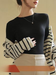 MiiOW | Áo thun Modal dài tay màu đen ôm vừa vặn cổ tròn phong cách thường ngày dành cho nữ mùa thu đông mới về