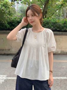 Flattering Loose Big Size Summer Short Sleeve Shirt with Tummy Control and Pleat Design for Plus Size Ladies