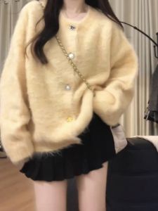 Sweet Milk Yellow Soft Thickened Knitted Cardigan Womens Autumn New Style Single Button Coat Korean Loose Fit Long Sleeve