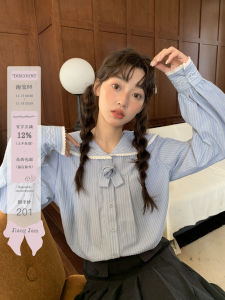 Blue Striped Long Sleeve Navy Collar Shirt Womens Design Sense Jiang Jam Sweet Style Cotton Polyester Blend Spring Fashion