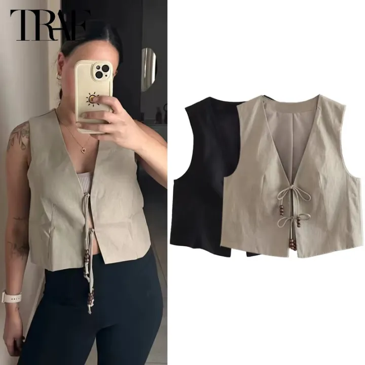 TRAF 2024 Beads Sleeveless Vest Women Black Cropped Vests for Women Waistcoat Streetwear Short Vest Top Women Holiday Lady Vests