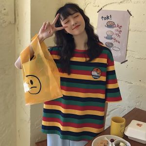 Áo Thun Nữ Dáng Rộng Tay Ngắn Mùa Hè Phong Cách Hong Kong Kẻ Sọc Cổ Tròn in Họa Tiết Thời Trang Thường Ngày Chất Liệu Khác