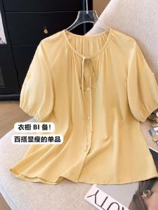 เสื้อเชิ้ตลายสก็อตแขนสั้นผ้าชีฟองสีเหลืองสำหรับผู้หญิงในฤดูร้อน ไซส์ใหญ่ เสื้อผ้าเด็กตัวเล็ก ปกปิดหน้าท้อง ทรงเข้ารูป