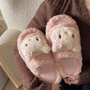 Hellokitty Cotton Slippers Cute Fluffy Slippers Womens Home Outwear Autumn and Winter Heattech Cartoon Hello Kitty Cotton Slippers