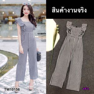10156  จั้มสูทลายสก็อตขายาวไหล่ระบายใส่ออกางาน เที่ยว ทำบุญ