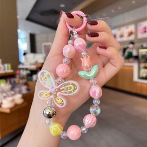 Butterfly Bracelet Chain Holder Cute Colorful Dual-purpose Mobile Phone Lanyard Beaded Anti-lost Bag Pendant Pink Color