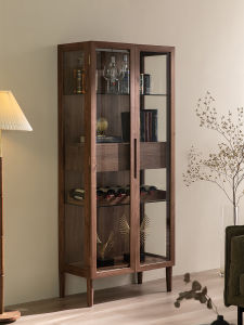 Modern Minimalist Black Walnut Solid Wood Double-Door Bookcase Clothes Closet Living Room Wine Cabinet Display Cabinet Glass Locker High Side Cabinet