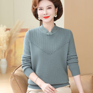 Thickened Fleece Womens Knitwear Inner Shirt New Chinese Style Mommy Autumn Winter Warm Fashionable Loose Fit Mid-aged And Elderly