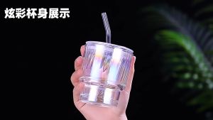 Eatkit Gelas Kaca Pelangi 400ml Cangkir Minum Hologram Rainbow Dengan Tutup Free Sedotan Aesthetic