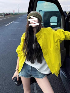 Yellow Zipper Long Sleeve Workwear Jacket Womens Autumn Retro American High Sensation Loose Meat Covering Jacket Top