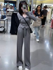 Bộ Đồ Hai Mảnh Thời Trang Thu Đông Cho Nữ Áo Len Dệt Kim Dài Tay Cổ Bẻ Rộng Cạp Cao Quần Ống Rộng Chất Liệu Polyester
