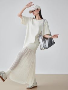XIAODADEHUA | Net Mesh Pleated Short Sleeve Tunic Dress Casual Loose Slouchy Style