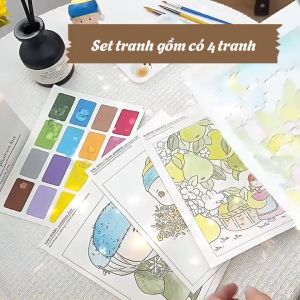 Tập 4 tranh tô màu kèm cọ và bảng màu nước nén khổ A5