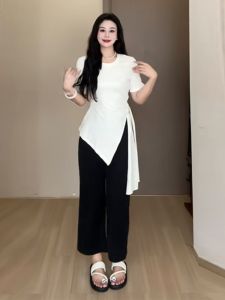 plus Size Waist-Cinching Strap T-Shirt Womens Summer Slimming Asymmetrical Slit Top Korean Style Regular Sleeve round Neck