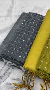 New Designer Plain Tussar Silk-Cotton Tissue Saree with a Heavy Silk Thread-Work Blouse Piece