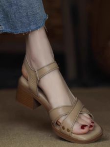 French Vintage Genuine Leather mid Heel Outdoor Sandals Women Summer New Soft Leather Back Empty Step Sensation Thick Heel Women Shoes
