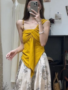 YUEZHONGWEI | Yellow Asymmetrical Knot Strap Vest Women Summer Outdoor Unique Attractive Dopaamine Sleeveless Top Commute Style Slim Fit