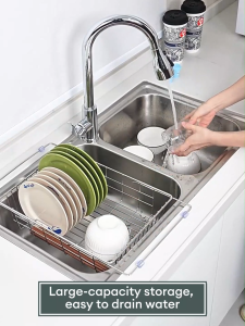 DEG Adjustable Sink Drain Rack Stainless Steel Kitchen Telescopic Drainer Basket for Fruit Vegetable
