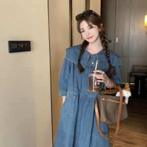 Sweet Denim Dress Women Summer New French Girl Doll Collar Loose Ageless High Waist Skirt A-Line Cotton Midi Dress Navy Collar