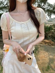 Ice Silk Thin Knitted Short Sleeve T-Shirt Women Summer Pure Desire Butterfly Knot Slim Fit Hollow out Large Collar Sweet Spicy Girl Top