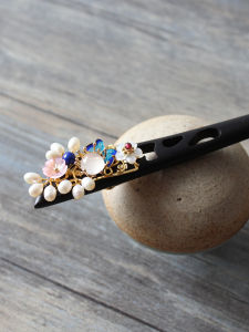 Original Handmade Black Ebony Hairpin Qingqueji Hanfu Accessory Vintage Style Floral Design for Traditional Chinese Costume