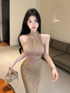 GUZILIAN | Korean Style High Waist Lace Half Skirt Womens Autumn New Soft Neck Hanging Pleated Apricot Vest Casual Commute Fashion