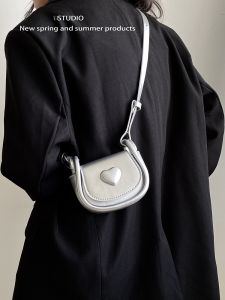 Mini Saddle Bag Womens Fashion Trend Silver Heart Lipstick Bag Single Shoulder Crossbody Bag PU Soft Surface Pure Color