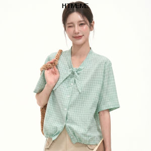 HTMEME | Casual Bow Tie Plaid Short Sleeve Drawstring Shirt Women