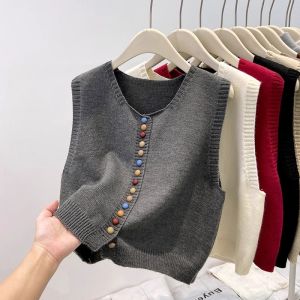 Rainbow Button round Neck Knitted Vest Cardigan Womens Sleeveless Shoulder Openwork Sweater Top Spring Autumn New Style