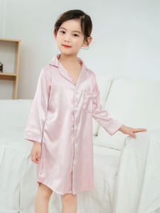 Girl Nightdress Summer Thin Ice Silk Long Sleeves Sleeping Dress Girl Pajamas Silk Childrens Lingerie Spring & Fall Matching