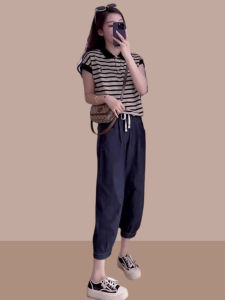 Shalldoer | Summer 2025 Fashionable Stripe Short Sleeve Womens Set Casual Pants Two-Piece Pure Color Outfit Anti-Aging Trendy Top Bottom