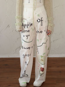 Colorful Hand-Painted Print Loose Straight Leg Pants Womens Casual Trousers Fashionable Original Design Cotton Blend Fabric