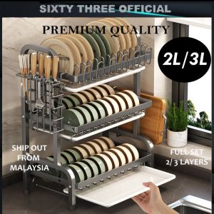 UPGRADE VERSION 2L & 3L Stainless Steel Kitchen Dish Drainer Rack with Tray Rak Bertingkat Pinggan Mangkuk Cawan
