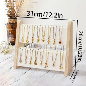 2 Layers Wood Slope Shape Jewelry Display Necklace Pendant Organizer Stand Holder Rack Showcase Tray