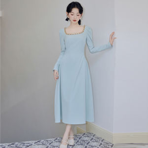 French Vintage High Waist Pearl Embellished Wrap Dress Elegant Pure Color Spring Autumn Season Long Sleeve Zipper Closure Gown