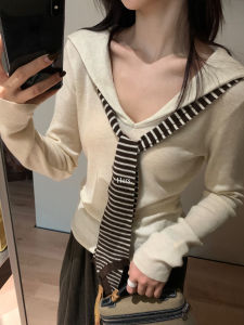 Navy Stripe Knit Sweater Slim Fit Autumn Winter