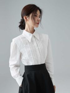 Elegant French Collar Bubble Sleeve Pure Cotton Shirt Womens Design Sensation High-End Loose Fit OL Style Commute Shirt