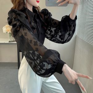 Early Spring Fashion Small Luxury Bubble Sleeve Shirt Womens Black Slimming Fake Pocket Shirt High End Feel Loose Fit Long Sleeve