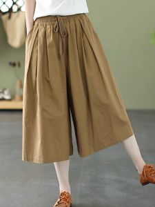 Loose Wide Leg Seven-Foot Pants Womens Casual Elastic Waist Thin Cotton Trousers Summer Loose Big Foot Skirt Pants
