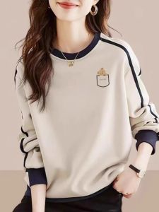 European Fashion round Neck Sweatshirt Womens Spring Autumn New Color Block Design Casual Overhead Top Coat Korean Style