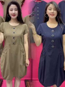 Slim Fit Short Sleeve Midi Dress for Middle-Aged And Elderly Pure Color Summer New Style Thin Material Polo Collar A-Line Skirt