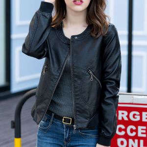 Womens Leather Jacket Loose Crew Neck Coat K-style Short Middle-Aged Ladieswear Motorcycle Clothing Leather Jacket