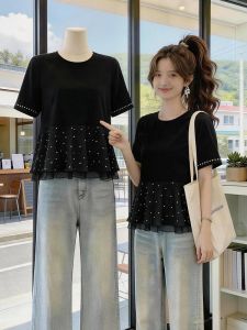 AIYITI | Ruffled Mesh Polka Dots Black Short Sleeve T-Shirt Large Size Womens