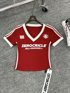 Slim Fit Short Sleeve V-Neck T-Shirt Womens Summer Print Fashionable Shoulder Line Straight Cut American Retro Spicy Girl Style